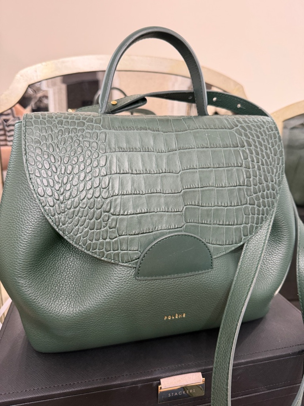 Polène Uno Forest Green Croc-Embossed Flap Leather Satchel